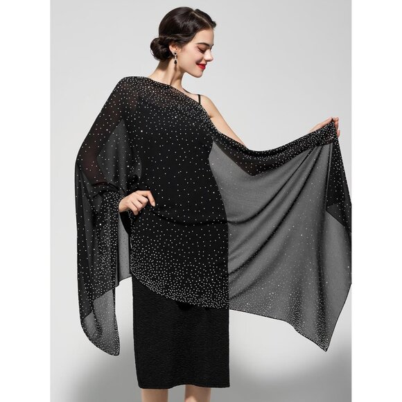 Women Black Sequin Chiffon Shawls and Wraps Formal Rhinestone for Evening Dress - Picture 2 of 6